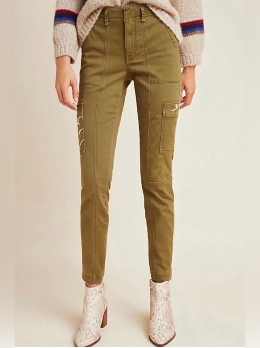 Anthropologie Austen Olive Green embroidered Utility Cargo Pants